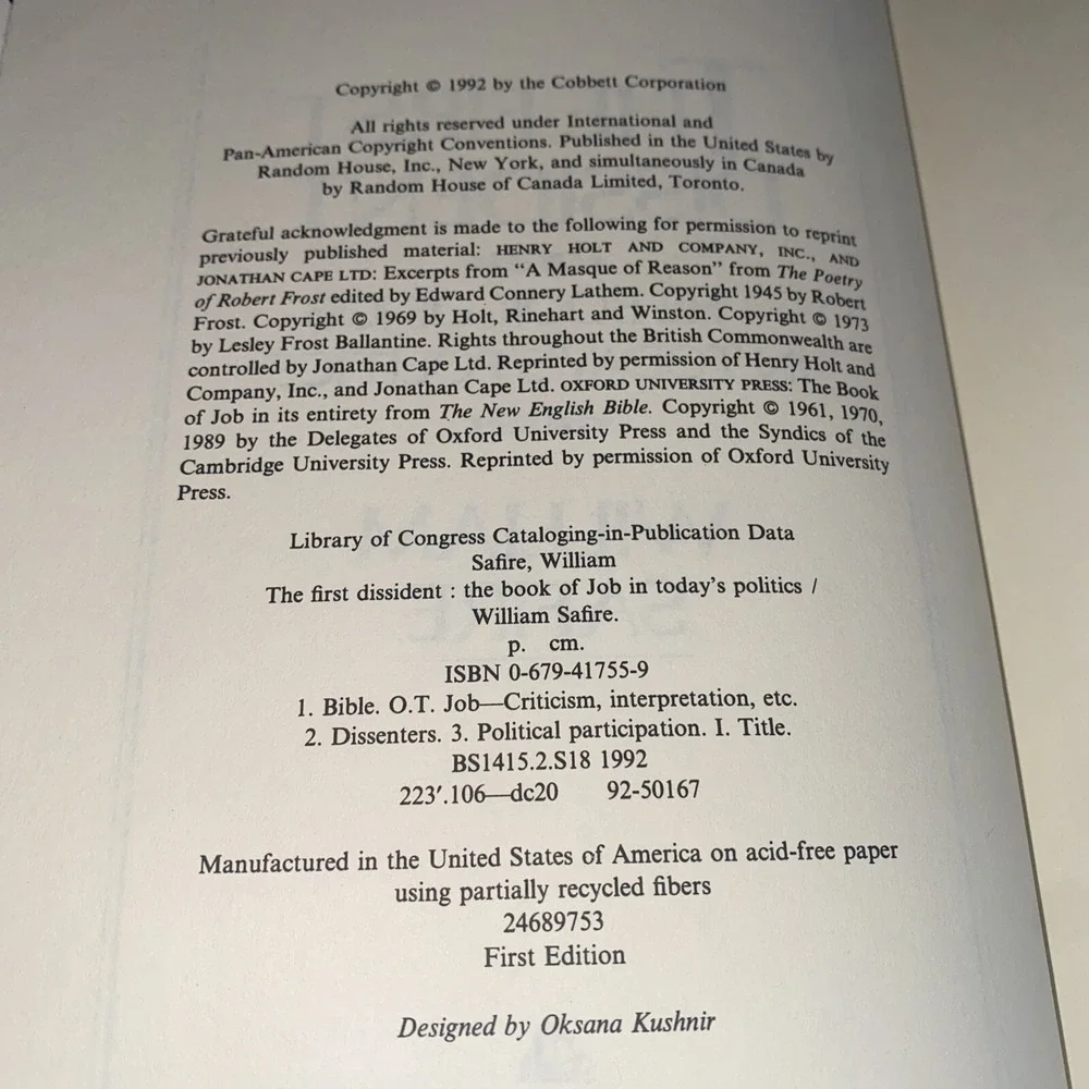 The First Dissident: The Book of Job VTGSafire, William 1st Edition 1st Printing